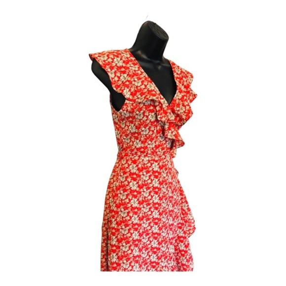 Max Studio Orange floral‎ ruffle bishop collar full wrap maxi dress size Small - Picture 10 of 13